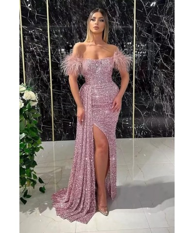 Mermaid Prom Dresses for Women 2023 Sparkly Sequin Formal Dress Off Shoulder Feather Evening Gown Pink $34.00 Dresses