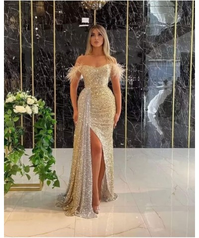 Mermaid Prom Dresses for Women 2023 Sparkly Sequin Formal Dress Off Shoulder Feather Evening Gown Pink $34.00 Dresses