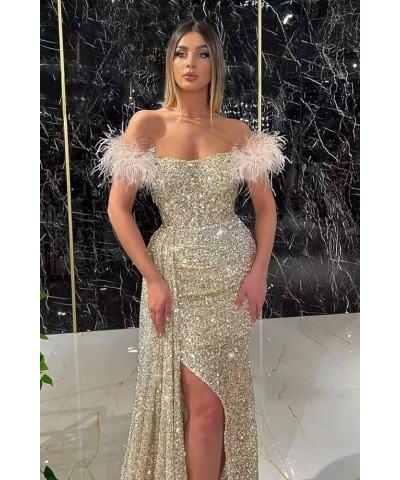 Mermaid Prom Dresses for Women 2023 Sparkly Sequin Formal Dress Off Shoulder Feather Evening Gown Pink $34.00 Dresses