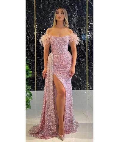 Mermaid Prom Dresses for Women 2023 Sparkly Sequin Formal Dress Off Shoulder Feather Evening Gown Pink $34.00 Dresses