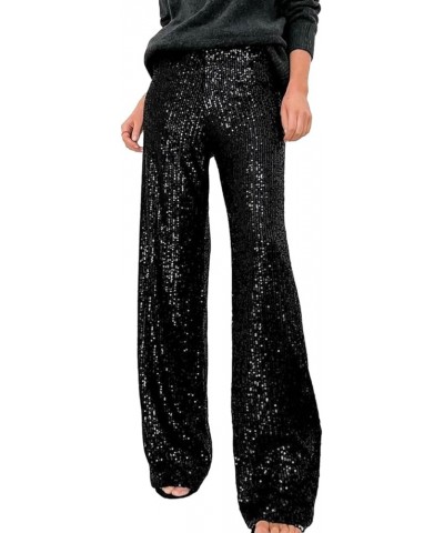 Sequin Bell Bottom Pants for Women High Waist Glitter Wide Leg Pants Sparkle Flared Trousers Disco Clubwear Shiny Black $11.9...