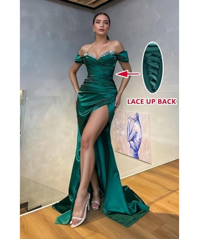 Off Shoulder Sparkly Prom Dress Satin Mermaid Ruched Long Ball Formal Gowns Evening Dresses with Slit Emerald Green $34.30 Dr...