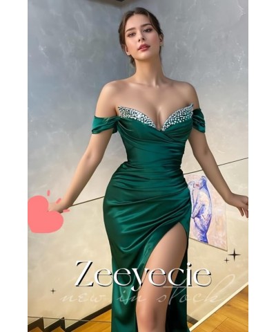 Off Shoulder Sparkly Prom Dress Satin Mermaid Ruched Long Ball Formal Gowns Evening Dresses with Slit Emerald Green $34.30 Dr...