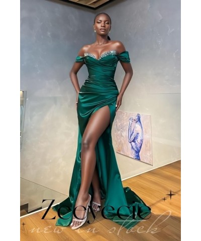 Off Shoulder Sparkly Prom Dress Satin Mermaid Ruched Long Ball Formal Gowns Evening Dresses with Slit Emerald Green $34.30 Dr...