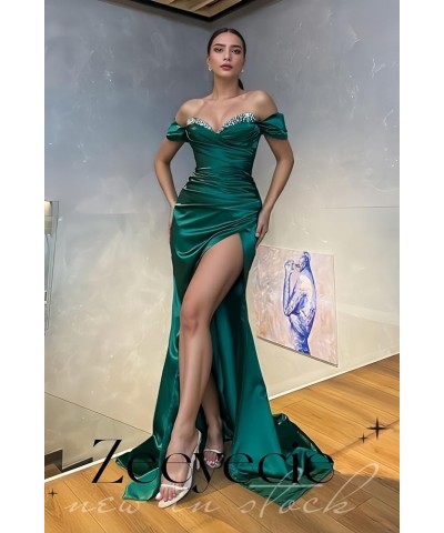 Off Shoulder Sparkly Prom Dress Satin Mermaid Ruched Long Ball Formal Gowns Evening Dresses with Slit Emerald Green $34.30 Dr...