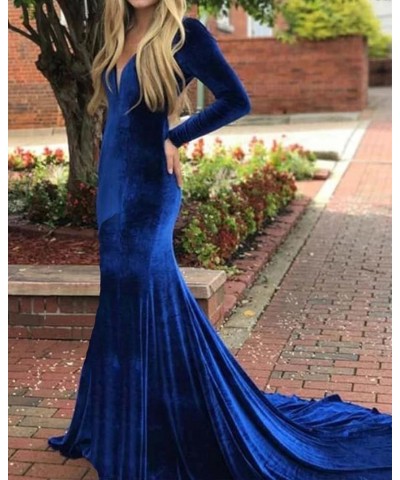 Women's Deep V-Neck Velvet Prom Dresses Long Mermaid Court Train Evening Party Gown with Long Sleeves SZPD02 White $37.80 Dre...