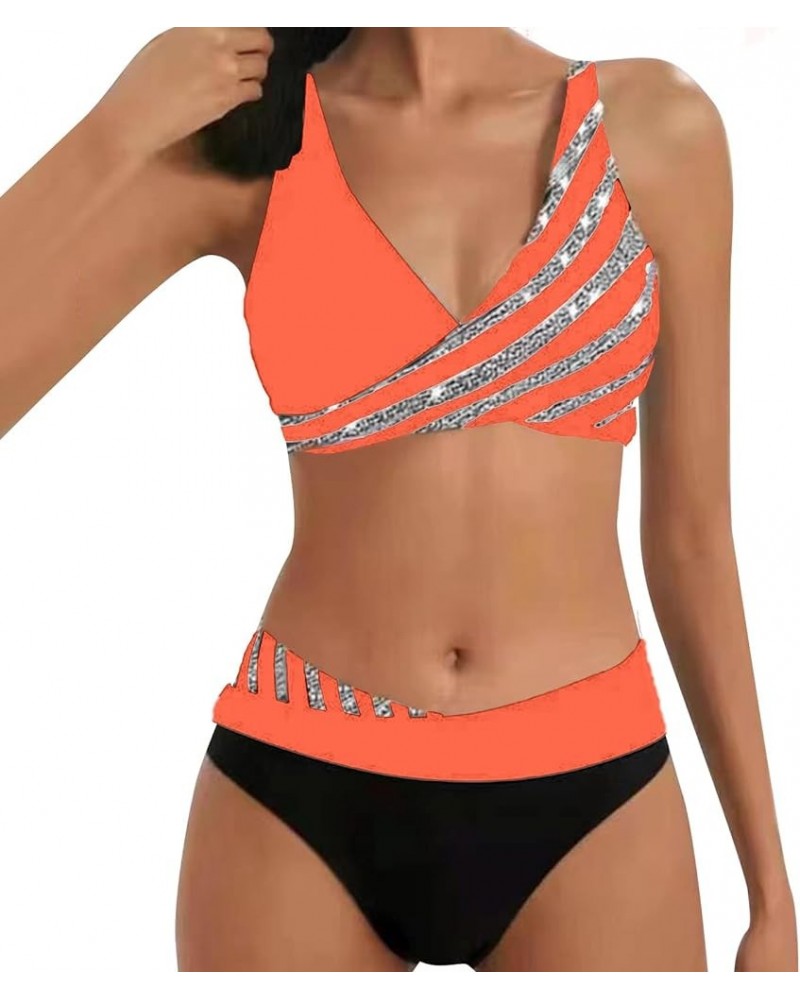 High Waisted Bikini Sets for Women 2 Piece Tankini Tops Swimwear Tankini Tops Push Up with Bikini Bottoms B-orange $10.89 Swi...