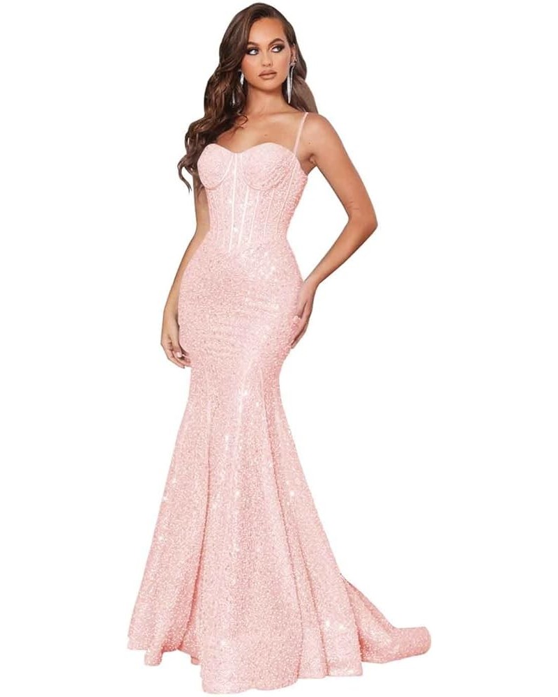 Sequin Mermaid Prom Dresses for Women 2024 Spaghetti Straps Sparkly Evening Formal Gown Blush Pink $33.14 Dresses