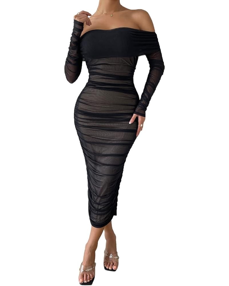 Women's Sexy One Shoulder Sleeveless Mesh Ruched Cocktail Party Midi Bodycon Dress T-black $18.89 Dresses