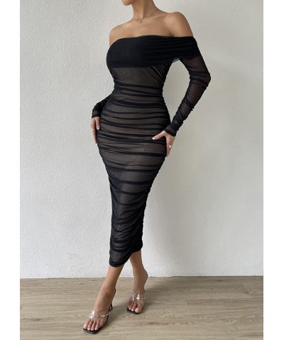 Women's Sexy One Shoulder Sleeveless Mesh Ruched Cocktail Party Midi Bodycon Dress T-black $18.89 Dresses