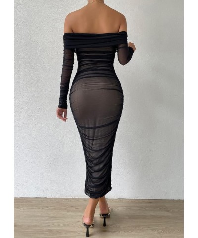 Women's Sexy One Shoulder Sleeveless Mesh Ruched Cocktail Party Midi Bodycon Dress T-black $18.89 Dresses