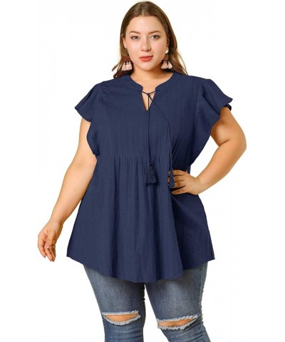 Women Plus Size Tops V Neck Drawstring Tassel Self Tie Flutter Short Sleeve Blouses Flowy 2024 Tops Navy Blue $13.86 Tops