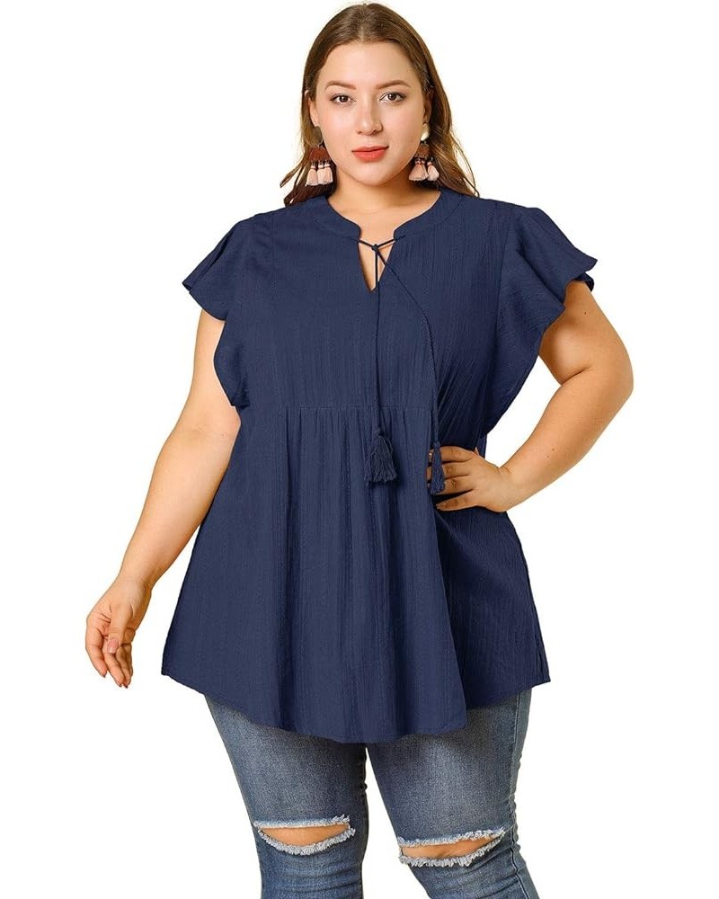 Women Plus Size Tops V Neck Drawstring Tassel Self Tie Flutter Short Sleeve Blouses Flowy 2024 Tops Navy Blue $13.86 Tops