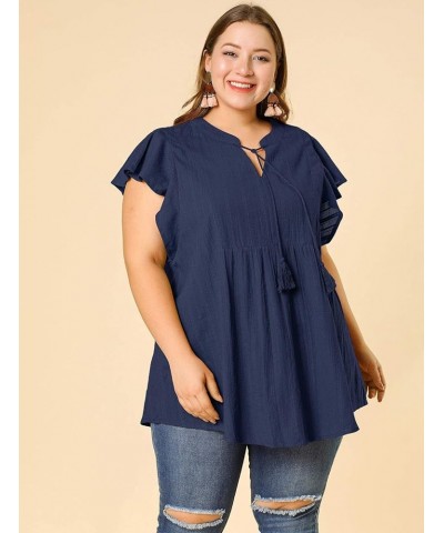 Women Plus Size Tops V Neck Drawstring Tassel Self Tie Flutter Short Sleeve Blouses Flowy 2024 Tops Navy Blue $13.86 Tops