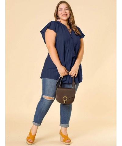 Women Plus Size Tops V Neck Drawstring Tassel Self Tie Flutter Short Sleeve Blouses Flowy 2024 Tops Navy Blue $13.86 Tops