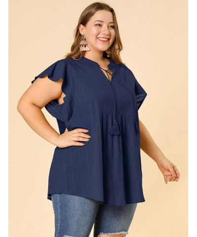 Women Plus Size Tops V Neck Drawstring Tassel Self Tie Flutter Short Sleeve Blouses Flowy 2024 Tops Navy Blue $13.86 Tops