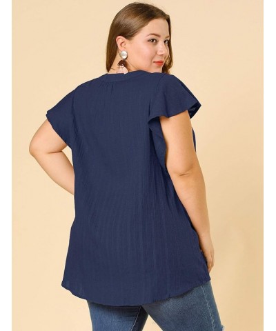 Women Plus Size Tops V Neck Drawstring Tassel Self Tie Flutter Short Sleeve Blouses Flowy 2024 Tops Navy Blue $13.86 Tops