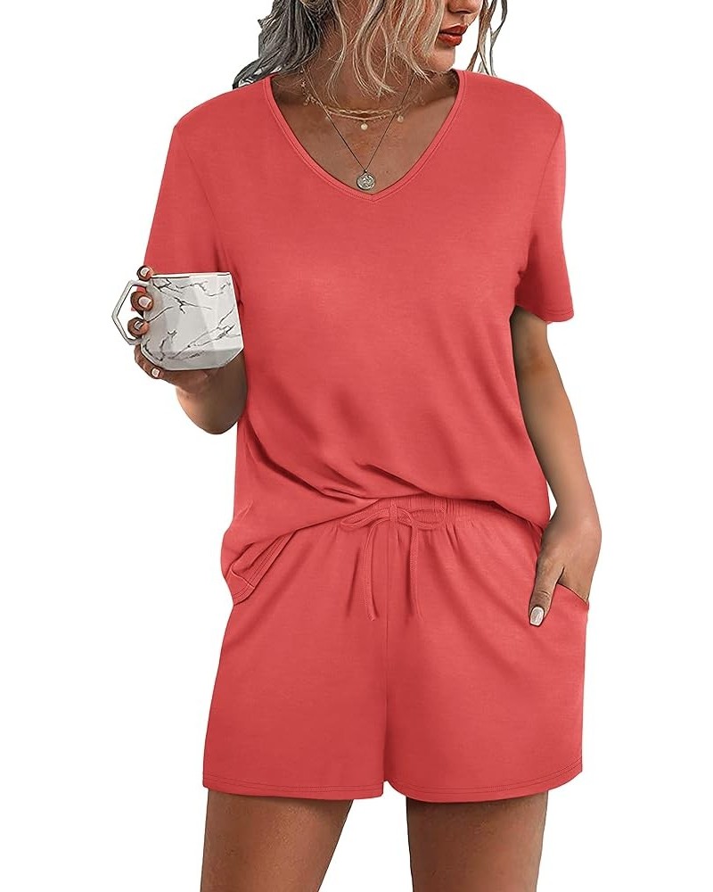 Lounge Set for Women 2 Piece Outfits Short Sleeve V Neck Pjs Sleepwear Soft 4c-coral Red $13.42 Sleep & Lounge