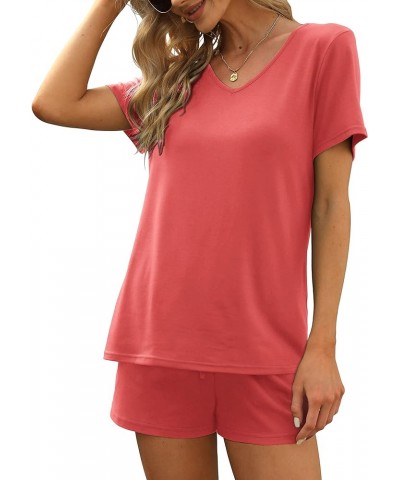 Lounge Set for Women 2 Piece Outfits Short Sleeve V Neck Pjs Sleepwear Soft 4c-coral Red $13.42 Sleep & Lounge