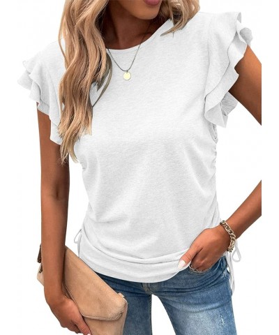 Womens T Shirts Pleated Loose Fit Crew Neck Ruffle Sleeve Side Tie Drawstring Tunic Summer Casual Tops White $10.99 Tops