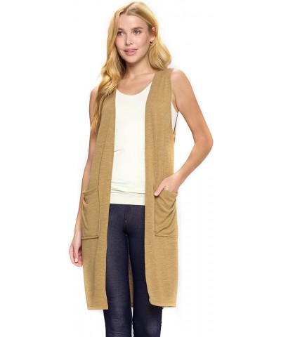 Women's Casual Lightweight Open Front Drape Cardigan with Pockets Sleeveless Camel $13.42 Sweaters