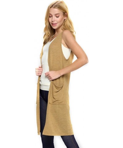 Women's Casual Lightweight Open Front Drape Cardigan with Pockets Sleeveless Camel $13.42 Sweaters