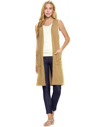 Women's Casual Lightweight Open Front Drape Cardigan with Pockets Sleeveless Camel $13.42 Sweaters