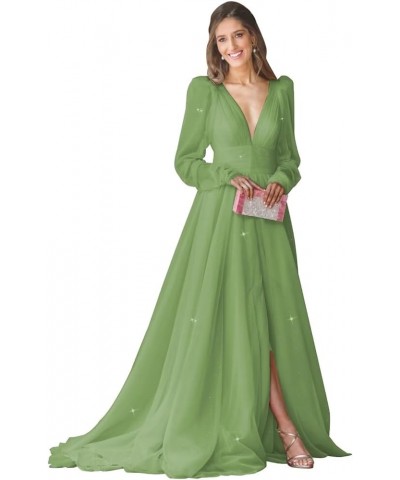 Long Sleeve Glitter Prom Dress Long Ball Gown Tulle Wedding Dress V Neck A-line Formal Gowns with Slit Sage $41.65 Dresses