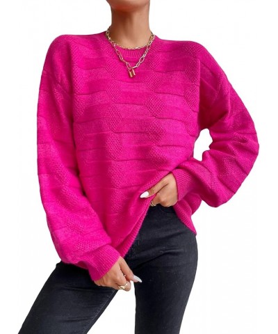 Women's Textured Knit Lantern Sleeve Crew Neck Sweater Tops Hot Pink $23.36 Sweaters