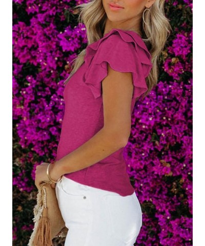 Womens Summer Tops Crewneck Ruffle Short Sleeve T Shirts Casual Slim Fit C Rose $14.57 T-Shirts