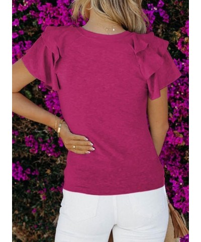 Womens Summer Tops Crewneck Ruffle Short Sleeve T Shirts Casual Slim Fit C Rose $14.57 T-Shirts