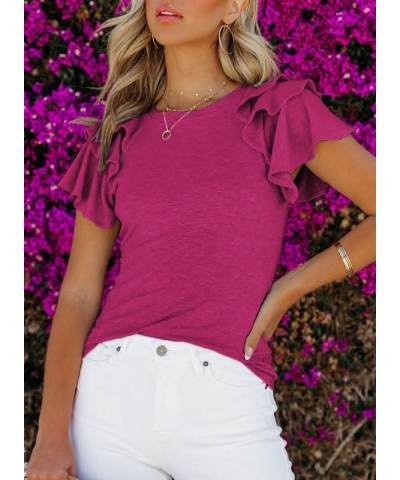 Womens Summer Tops Crewneck Ruffle Short Sleeve T Shirts Casual Slim Fit C Rose $14.57 T-Shirts