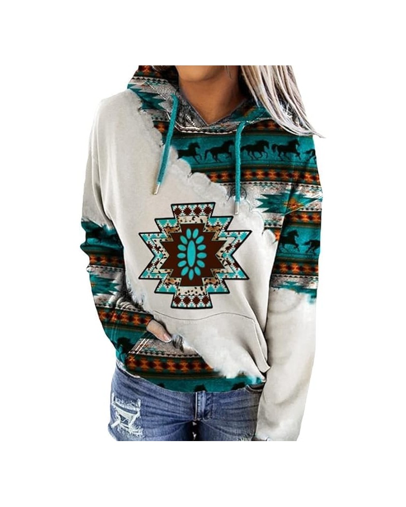 Hoodie Women Aztec Cowboy Western Hooded Sweatshirt Warm Casual Long Sleeve Drawstring Pullover with Pocket S-5XL Green Horse...