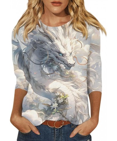 Womens Tops 3/4 Sleeve Crewneck Cute Shirts Casual Dragon Print Blouses Three Quarter Length T Shirt 2-white $8.31 T-Shirts