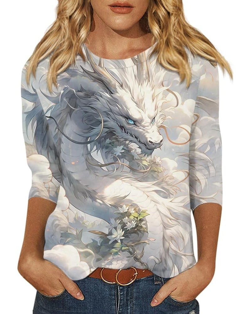 Womens Tops 3/4 Sleeve Crewneck Cute Shirts Casual Dragon Print Blouses Three Quarter Length T Shirt 2-white $8.31 T-Shirts