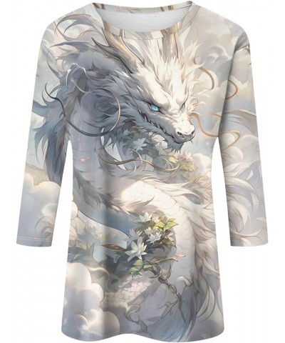 Womens Tops 3/4 Sleeve Crewneck Cute Shirts Casual Dragon Print Blouses Three Quarter Length T Shirt 2-white $8.31 T-Shirts