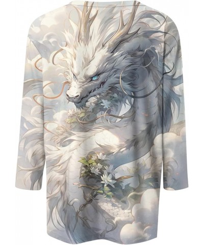 Womens Tops 3/4 Sleeve Crewneck Cute Shirts Casual Dragon Print Blouses Three Quarter Length T Shirt 2-white $8.31 T-Shirts