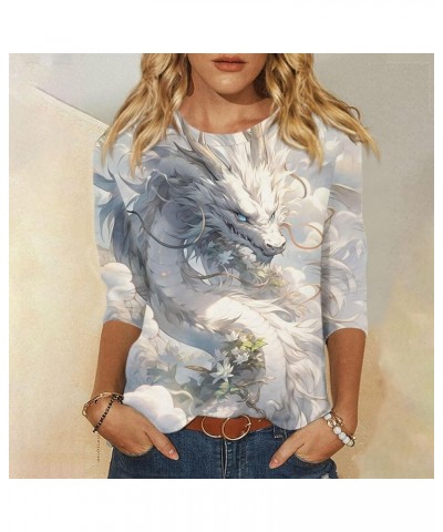 Womens Tops 3/4 Sleeve Crewneck Cute Shirts Casual Dragon Print Blouses Three Quarter Length T Shirt 2-white $8.31 T-Shirts