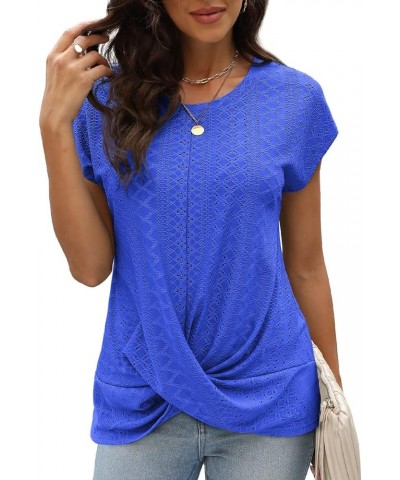 Womens Summer Tops Casual Cap Sleeve Twist Front Eyelet T Shirts 05-blue $15.50 T-Shirts