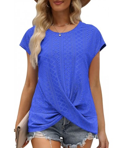 Womens Summer Tops Casual Cap Sleeve Twist Front Eyelet T Shirts 05-blue $15.50 T-Shirts