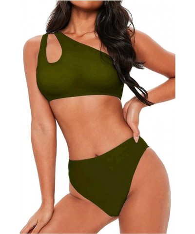 Women's Bikini Set Cutout One Shoulder High Waist Two Piece Swimsuit Army Green $12.80 Swimsuits