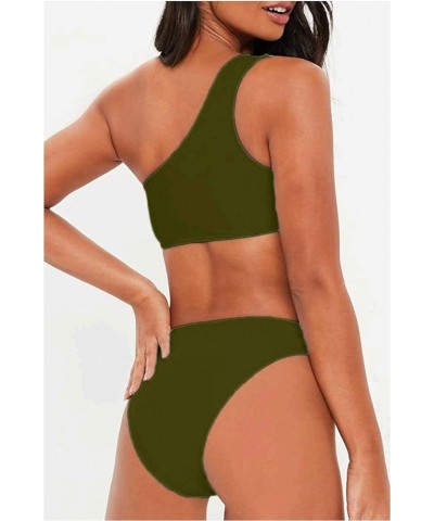 Women's Bikini Set Cutout One Shoulder High Waist Two Piece Swimsuit Army Green $12.80 Swimsuits