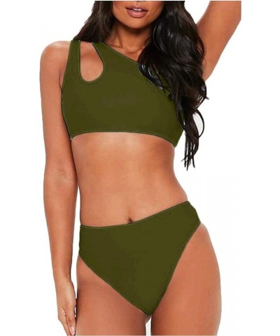 Women's Bikini Set Cutout One Shoulder High Waist Two Piece Swimsuit Army Green $12.80 Swimsuits