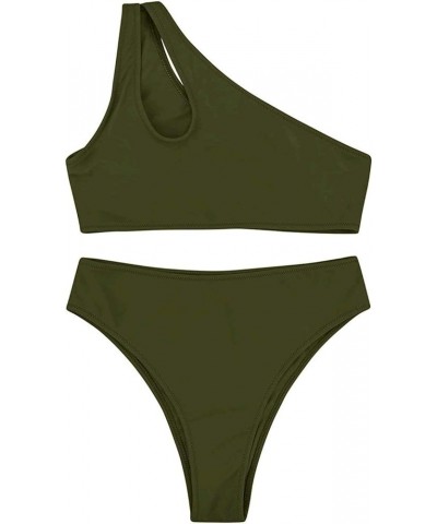 Women's Bikini Set Cutout One Shoulder High Waist Two Piece Swimsuit Army Green $12.80 Swimsuits