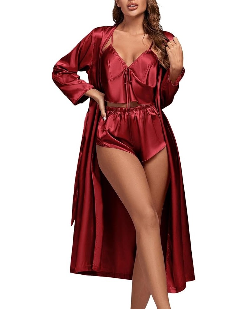 Women's 3Pcs Pajamas Satin Cami Top and Shorts with Robe Sleepwear Set Wine Red $22.39 Sleep & Lounge