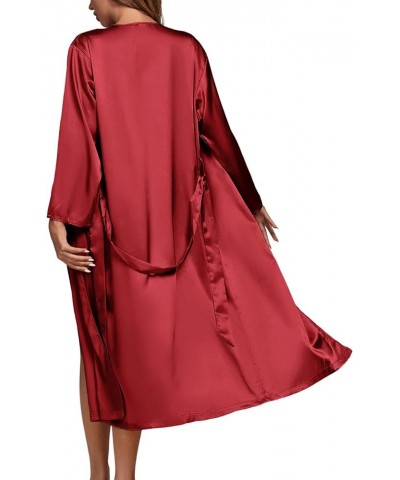 Women's 3Pcs Pajamas Satin Cami Top and Shorts with Robe Sleepwear Set Wine Red $22.39 Sleep & Lounge