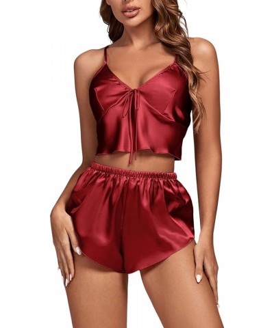 Women's 3Pcs Pajamas Satin Cami Top and Shorts with Robe Sleepwear Set Wine Red $22.39 Sleep & Lounge