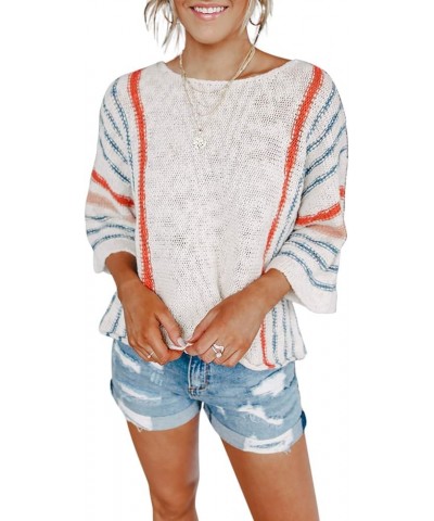 Womens 2024 Cute Summer Fall Color Block Striped Lightweight Comfy Cable Knit Beach Pullover Sweaters 0 White $17.21 Sweaters