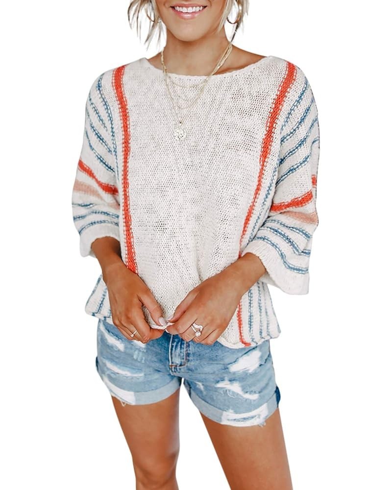 Womens 2024 Cute Summer Fall Color Block Striped Lightweight Comfy Cable Knit Beach Pullover Sweaters 0 White $17.21 Sweaters