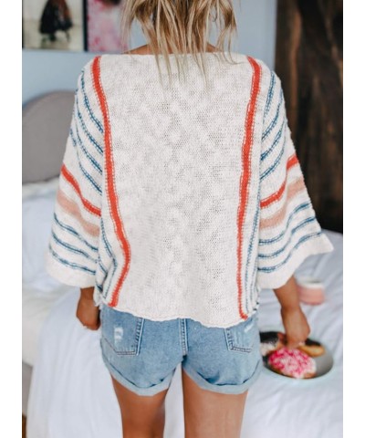 Womens 2024 Cute Summer Fall Color Block Striped Lightweight Comfy Cable Knit Beach Pullover Sweaters 0 White $17.21 Sweaters